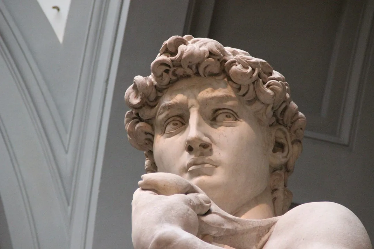 Le visage et les boucles du David vus d’en bas