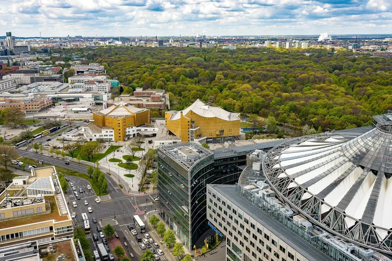 La Potsdamer Platz, la Philharmonie et le Tiergarten vus du ciel