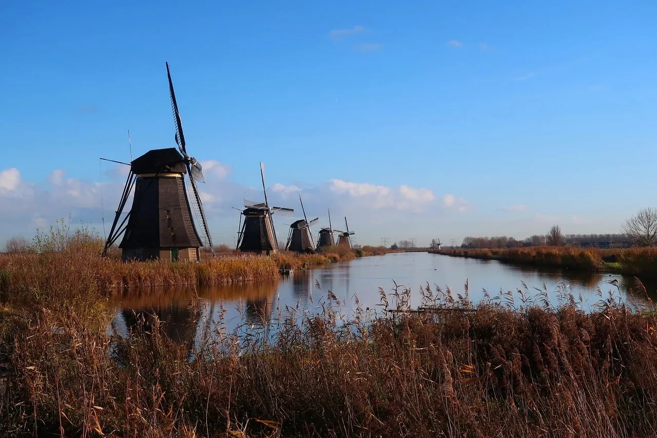 Moulins à vent alignés au bord d’un canal bordé de roseaux